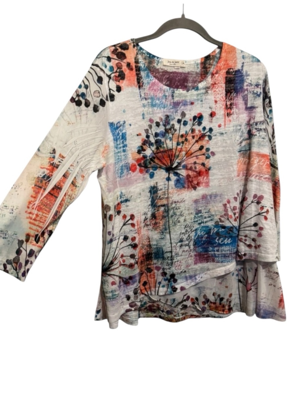 Jess & Jane Top Womens Medium Mesh Underlay White Floral Artsy Art to Wear